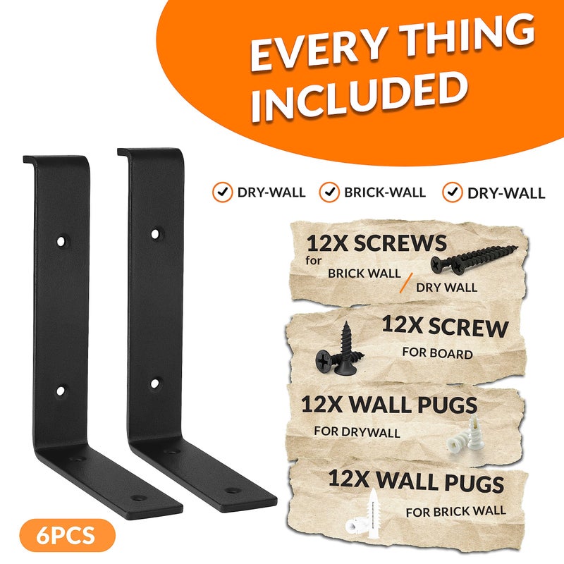 BATODA 8â€ Shelf Brackets with Lip (Match 7.25" Board) - 6 Pcs Z Shelf Bracket Black - Heavy Duty Hook Brackets for Shelves - Wall Mounted Support for DIY - Shelving Hardware Included (Pack 6) - Image 5